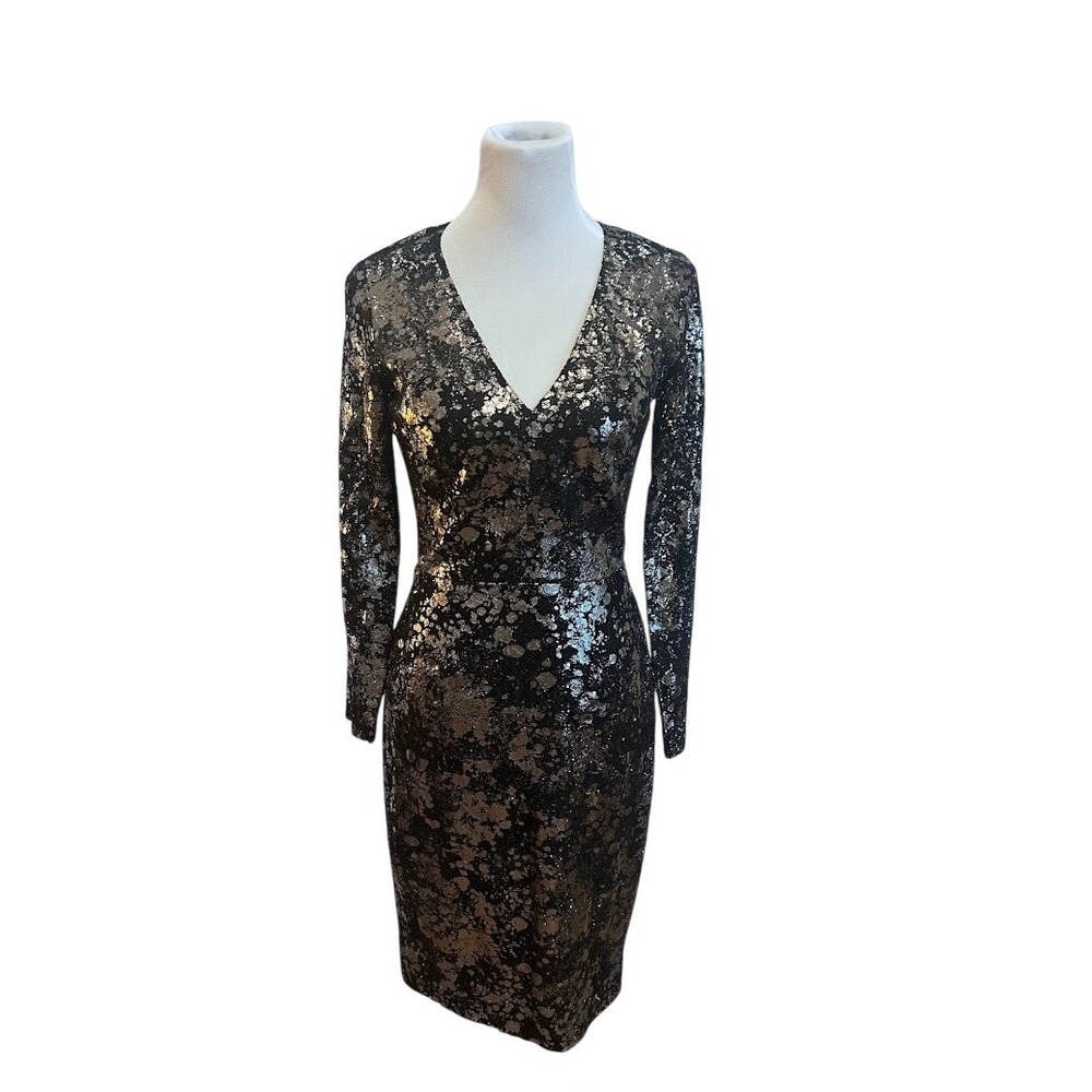 Lela Rose Moon Dust Sheath Dress Black Silver Lace Long Sleeve V Neck Size 6